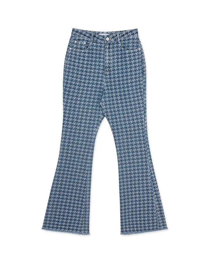 Houndstooth Distressed Hem Denim Jeans Pants