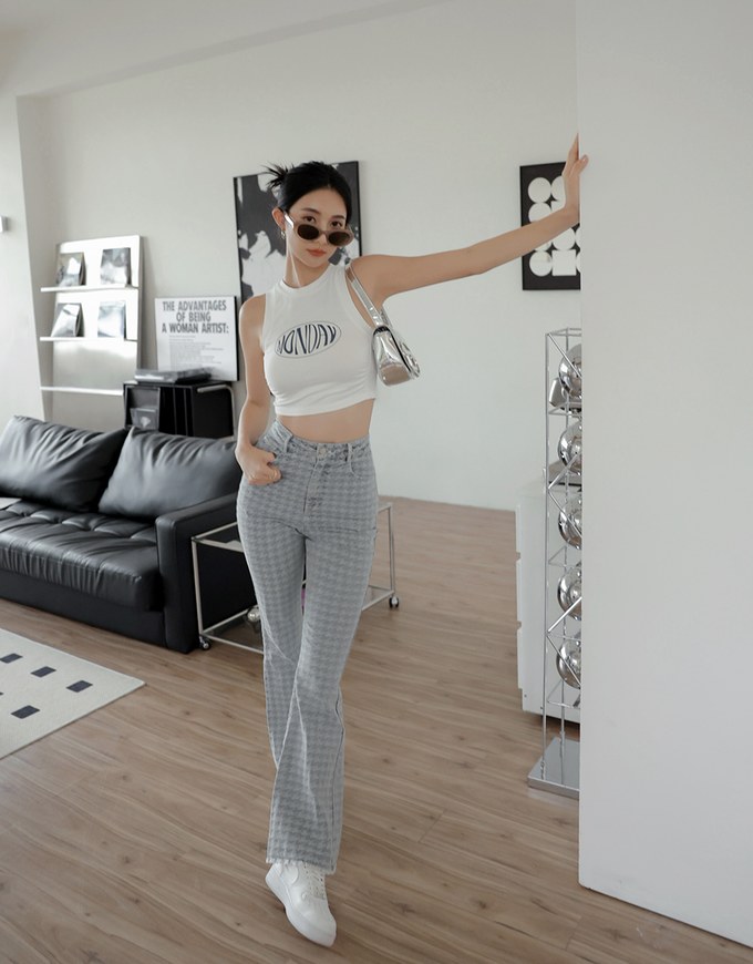 Houndstooth Distressed Hem Denim Jeans Pants