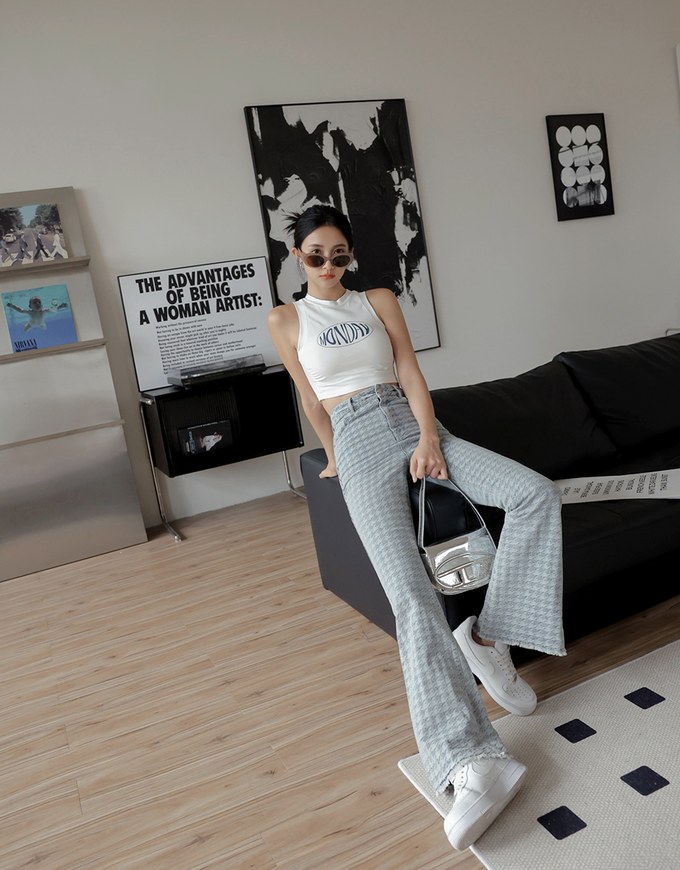 Houndstooth Distressed Hem Denim Jeans Pants