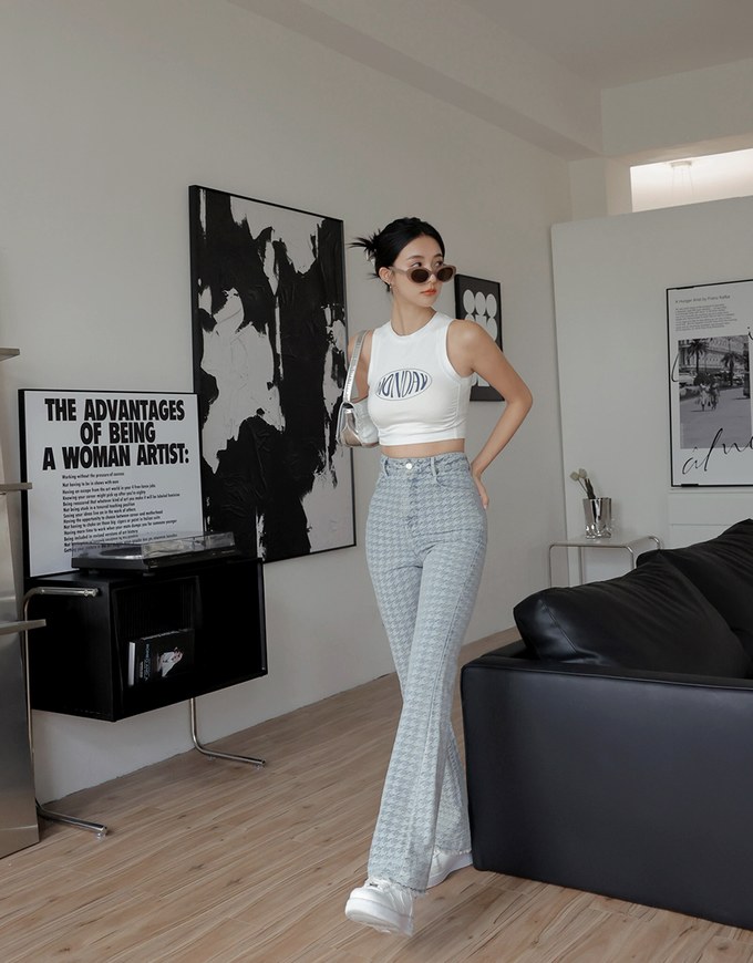 Houndstooth Distressed Hem Denim Jeans Pants