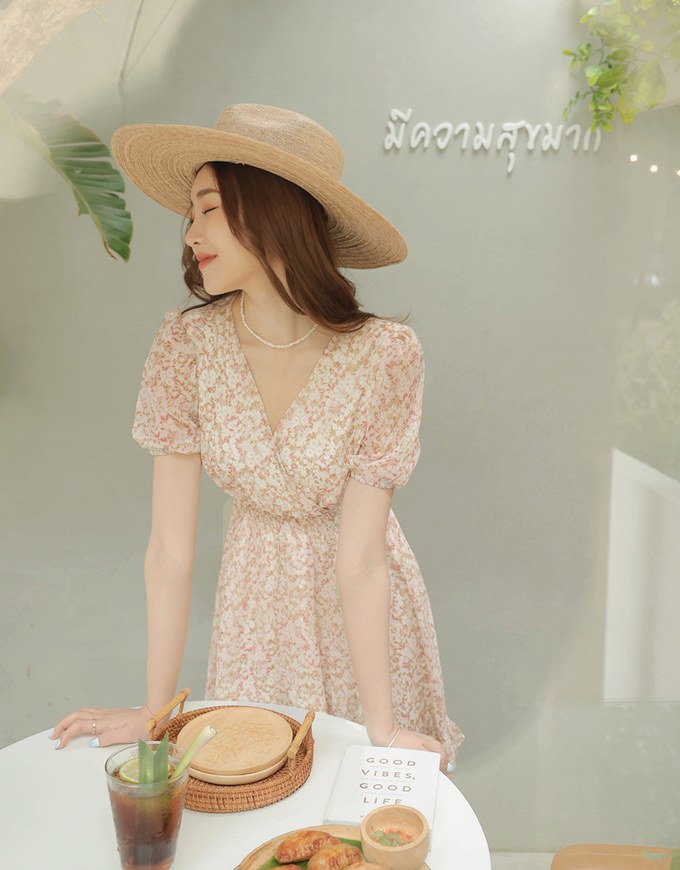 Floral Puff Sleeve Fishtail Mini Dress