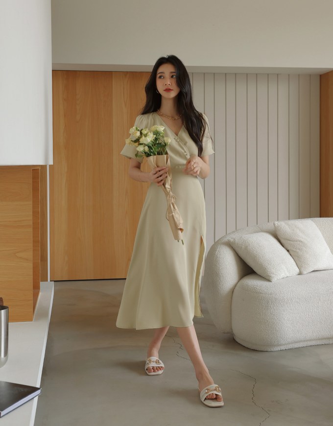 Elegant Diagonal Button Slit Maxi Dress