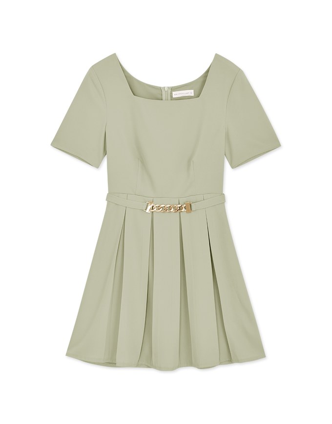 Square Neck Pleated Mini Dress (With Belt)