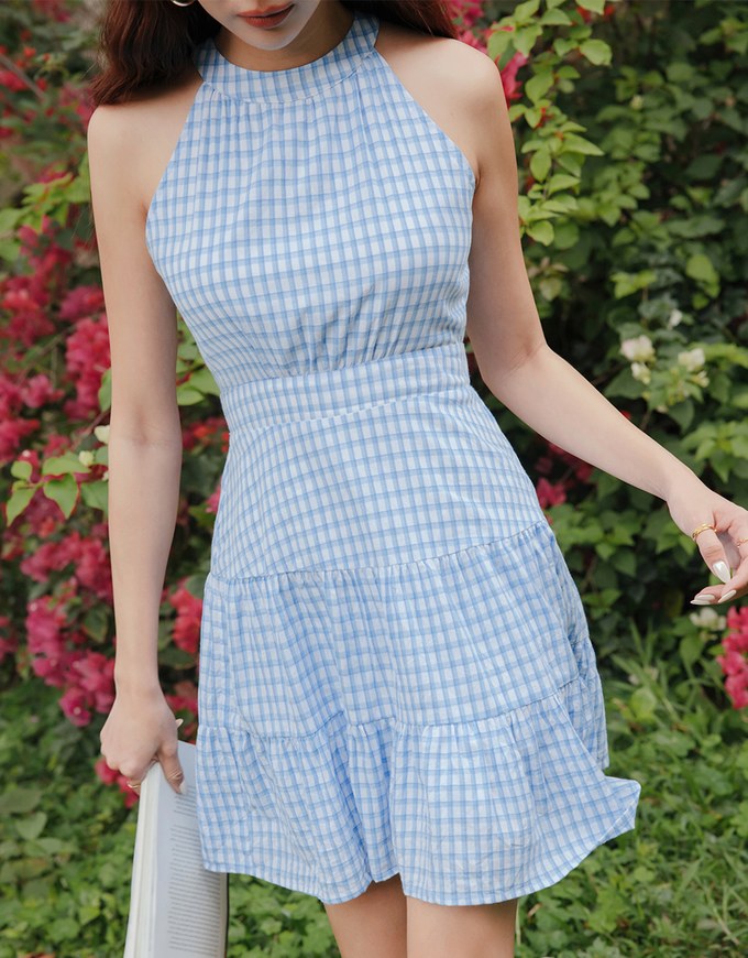 Halter Neck Checkered Tiered Mini Dress