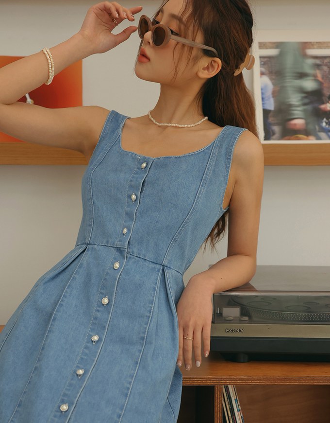 Button Denim Jeans Tank Mini Dress
