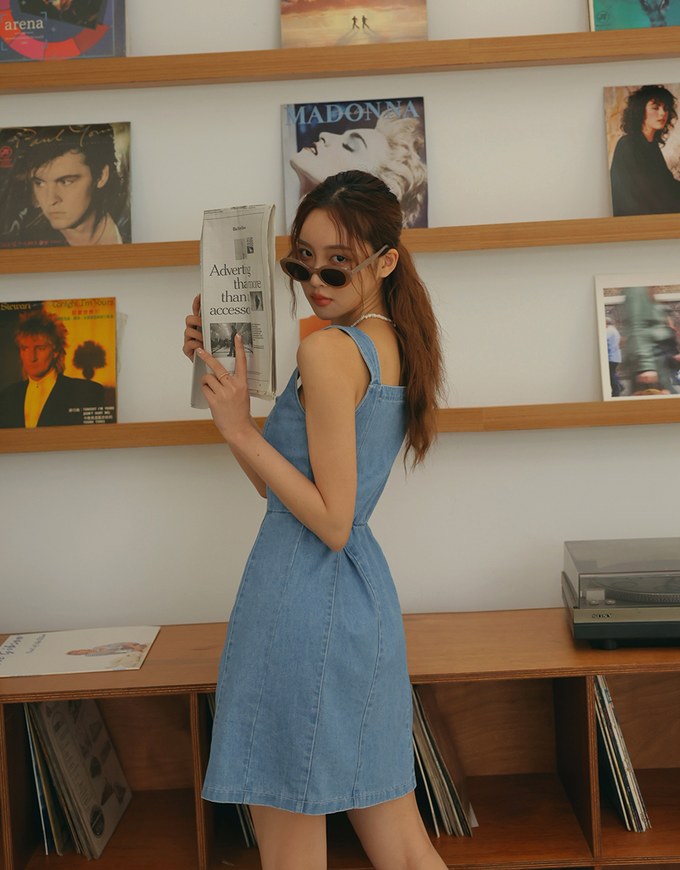 Button Denim Jeans Tank Mini Dress