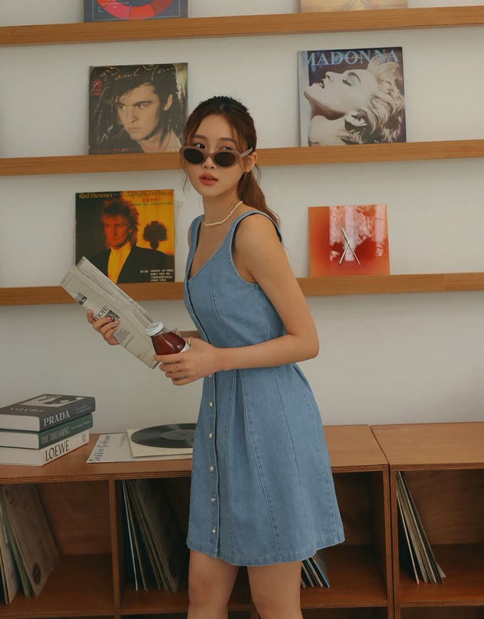 Button Denim Jeans Tank Mini Dress