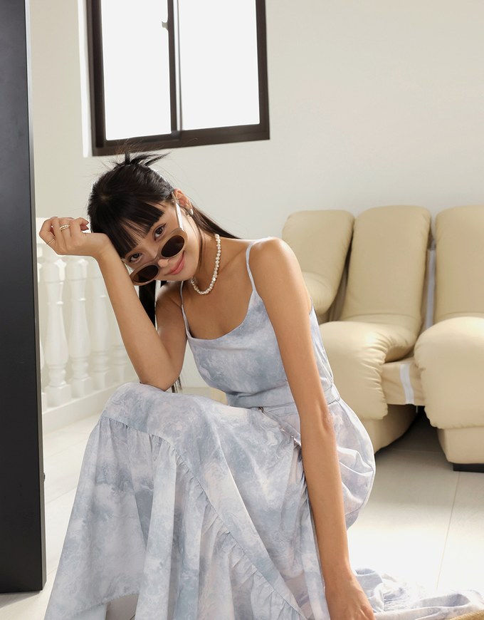Tie Dye Thin Strap Maxi Dress (With Belt)