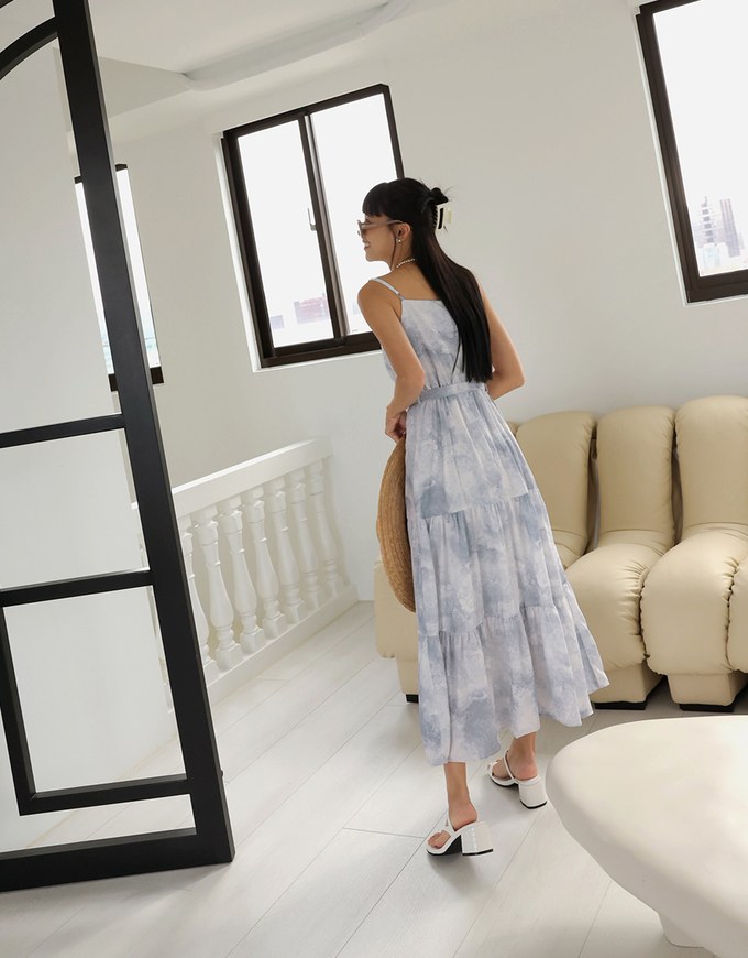 Tie Dye Thin Strap Maxi Dress (With Belt)