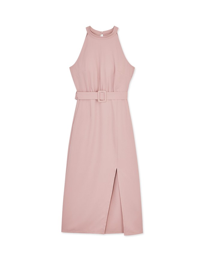 Halter Slit Belted Maxi Dress (With Padding)
