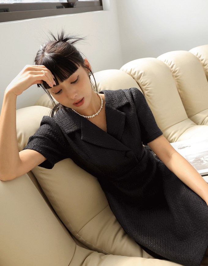 Tweed Lapel Single Button Mini Dress