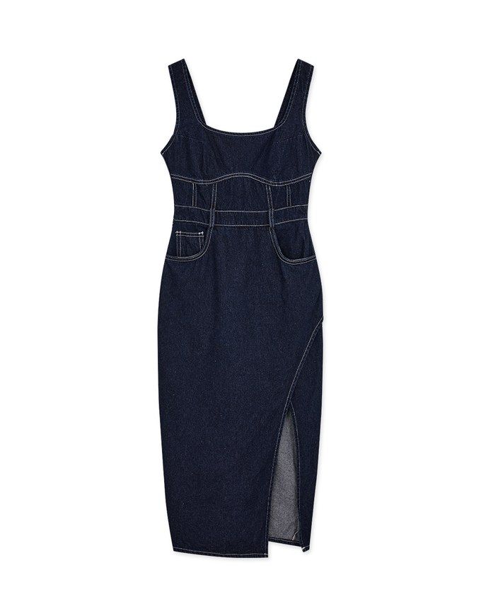 Très Chic Denim Jeans Slit Maxi Dress