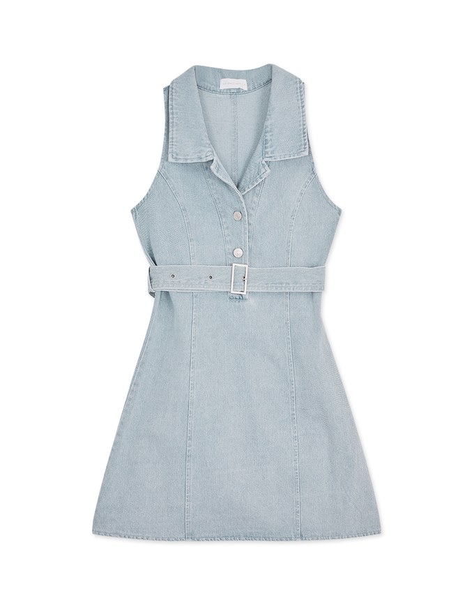 Open Collar Denim Jeans Vest Mini Dress (With Belt)