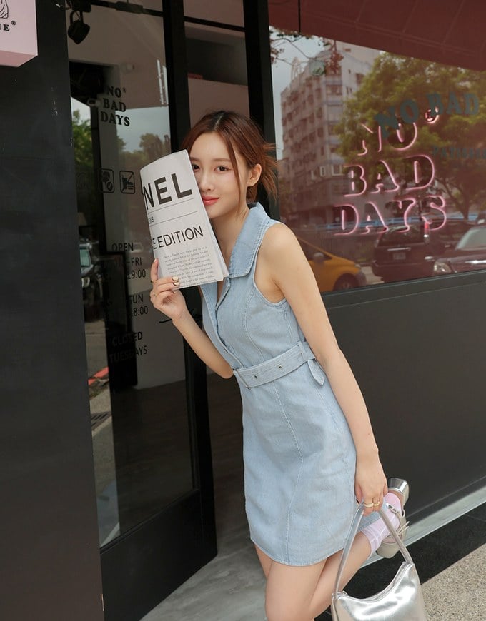 Open Collar Denim Jeans Vest Mini Dress (With Belt)
