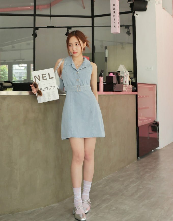 Open Collar Denim Jeans Vest Mini Dress (With Belt)