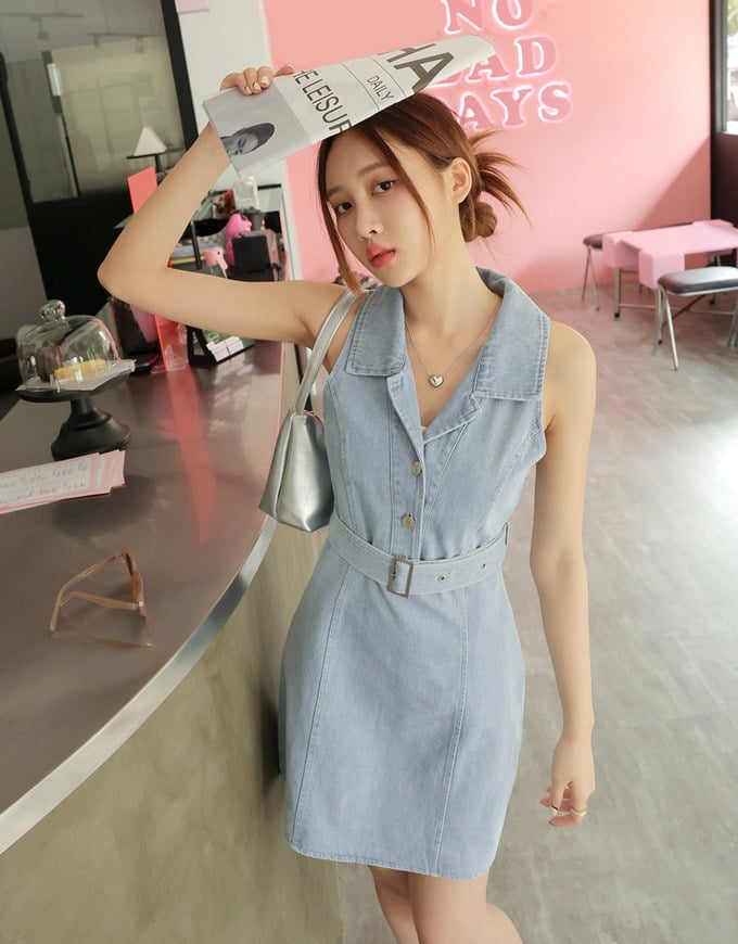 Open Collar Denim Jeans Vest Mini Dress (With Belt)