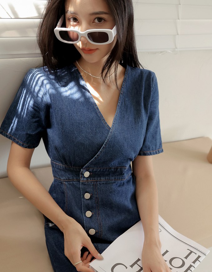 V Neck Denim Jeans Flare Mini Dress