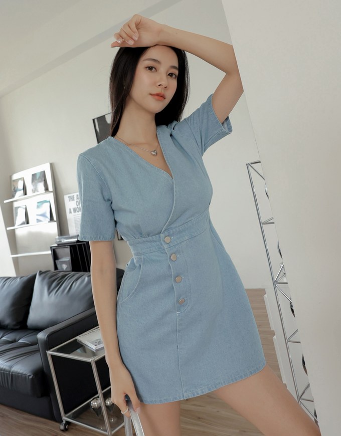 V Neck Denim Jeans Flare Mini Dress