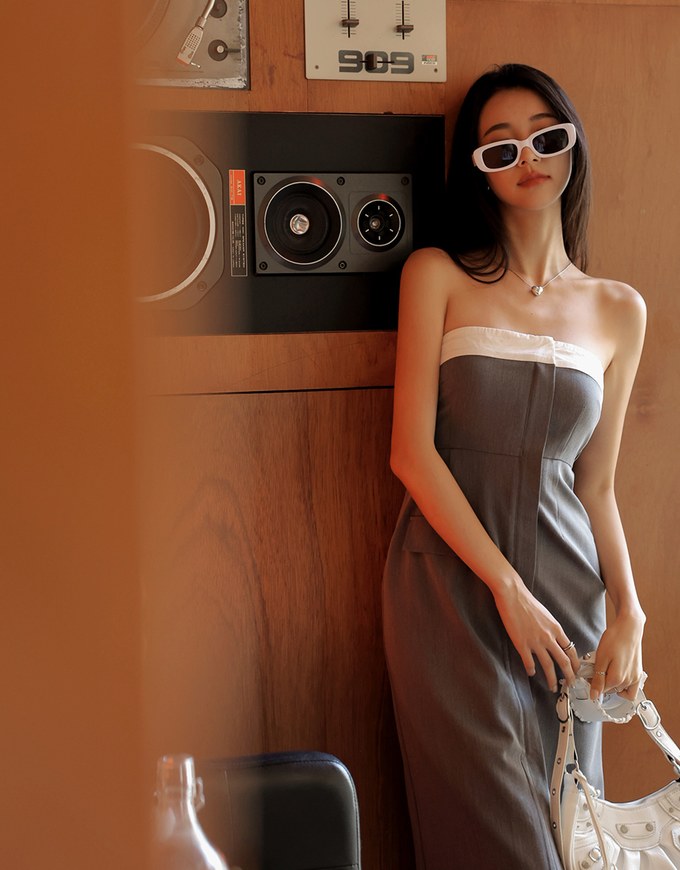 Colour Contrast Slit Tube Midi Dress