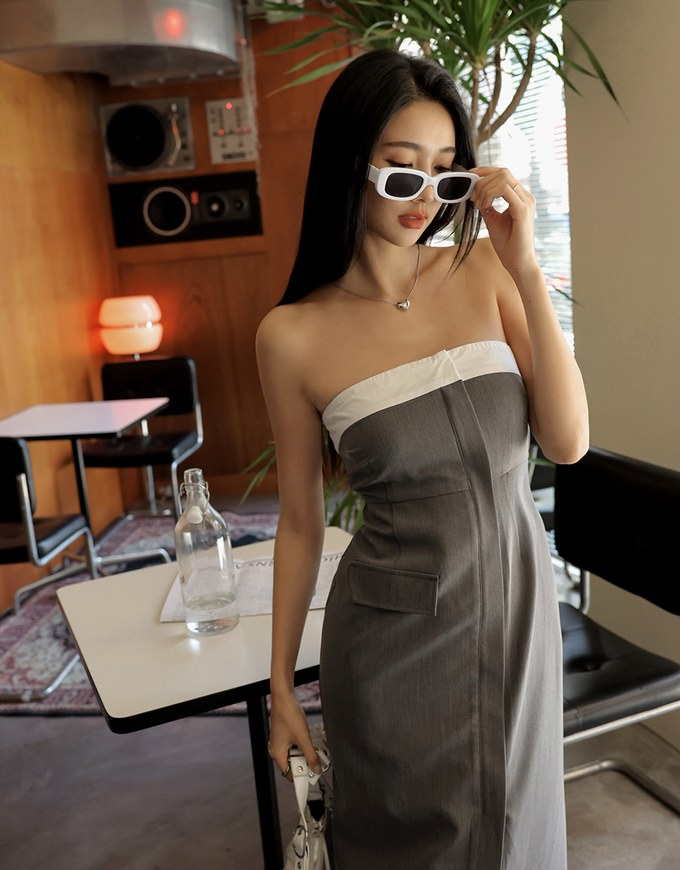 Colour Contrast Slit Tube Midi Dress