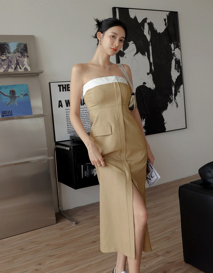 Colour Contrast Slit Tube Midi Dress