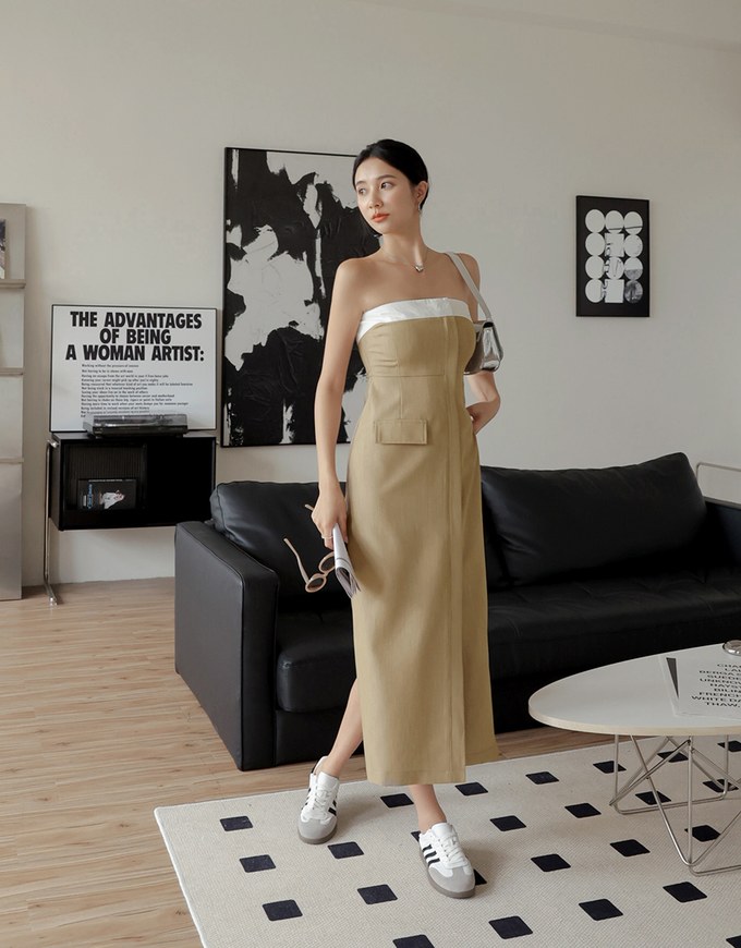 Colour Contrast Slit Tube Midi Dress