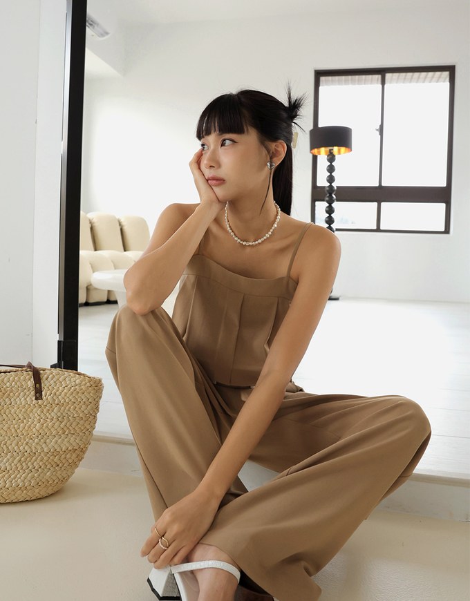 Thin Strap Pleated Cami Top Suit Pants Set