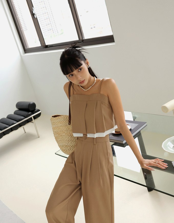 Thin Strap Pleated Cami Top Suit Pants Set