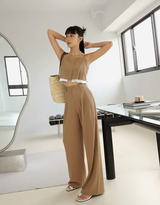 Thin Strap Pleated Cami Top Suit Pants Set