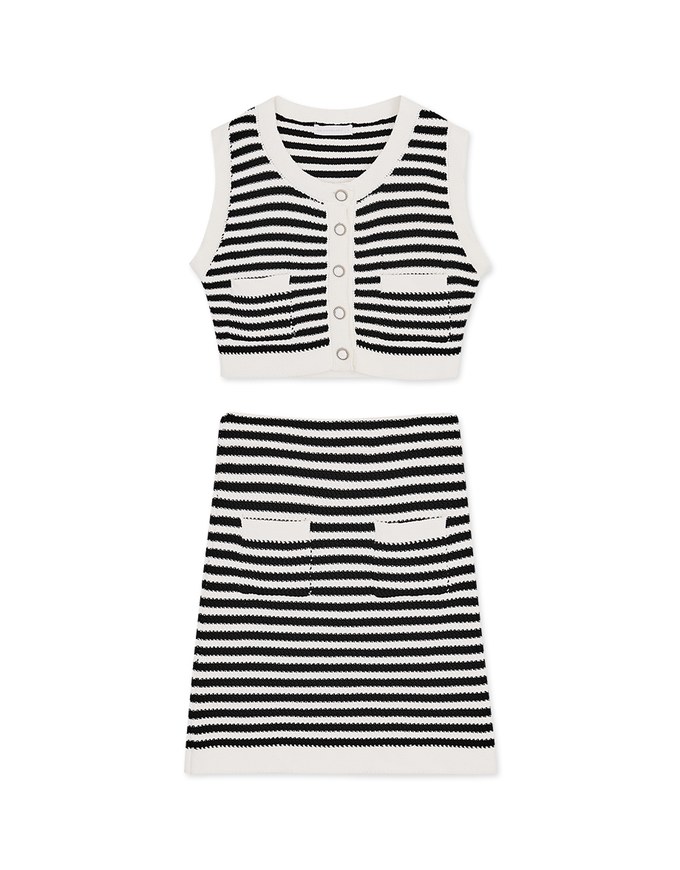 Striped Double Pocket Vest And Skirt Set