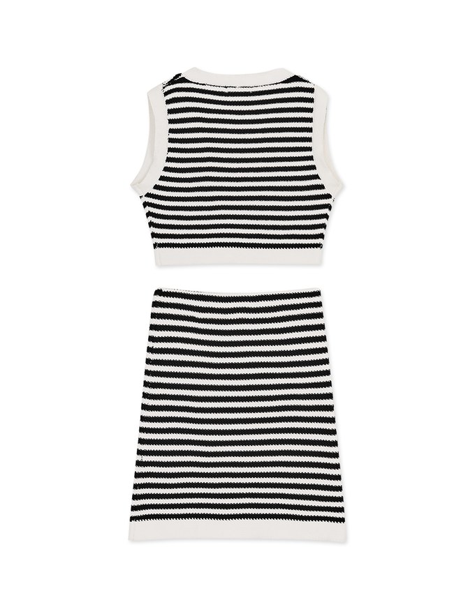 Striped Double Pocket Vest And Skirt Set