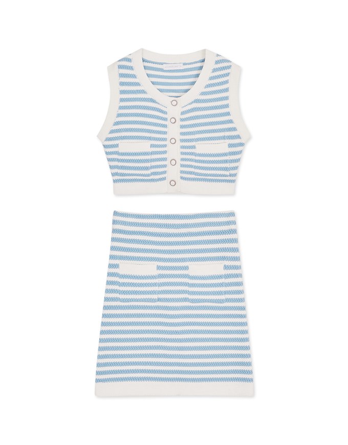 Striped Double Pocket Vest And Skirt Set