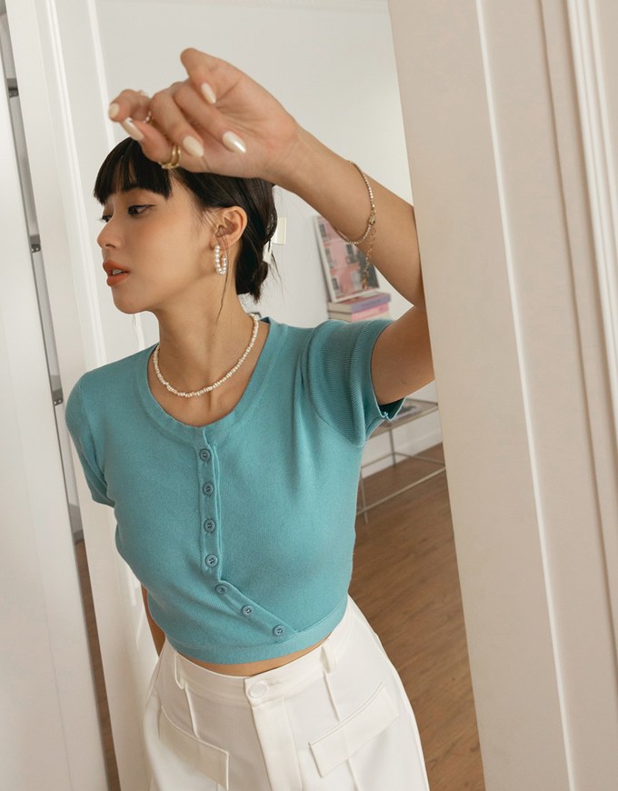 Diagonal Button Knit Tie Back Top