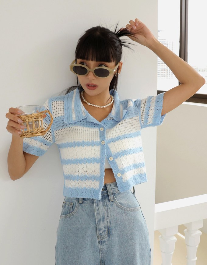 Striped Crochet Knit Blouse Shirt