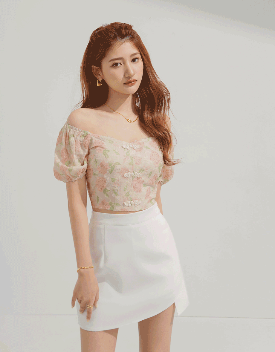 Qipao TOP 2WAY Floral Cheongsam Top Off Shoulder Puff Sleeves