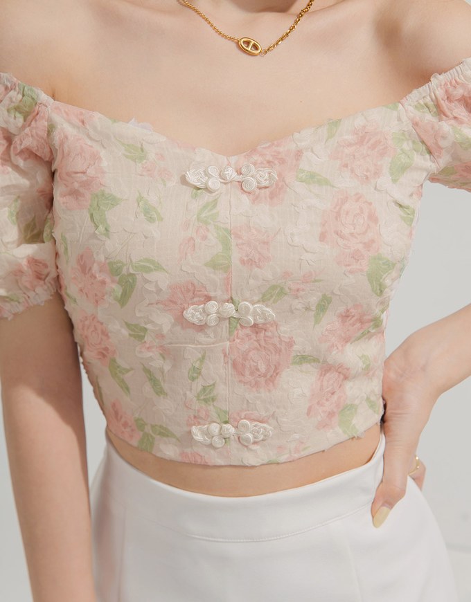 Qipao TOP 2WAY Floral Cheongsam Top Off Shoulder Puff Sleeves