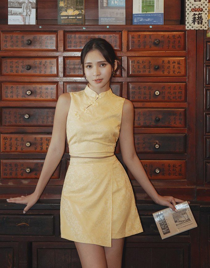 【Elecher's Design】Qipao SKORT Bottom Embossed Satin Cheongsam A-line Skorts