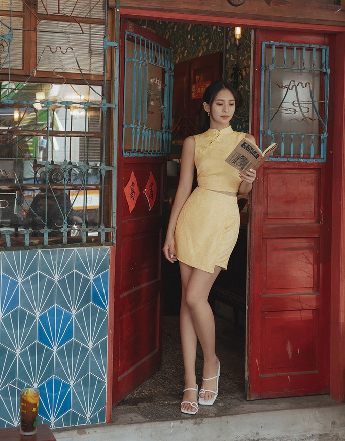 【Elecher's Design】Qipao SKORT Bottom Embossed Satin Cheongsam A-line Skorts