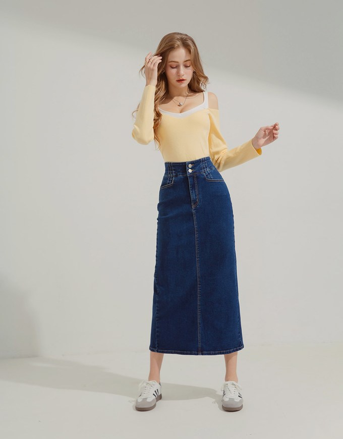 【Den!m LITE】Perfect Waistline Midi Skirt Extra High Waisted Denim Jeans Maxi Long Skirt With Slits