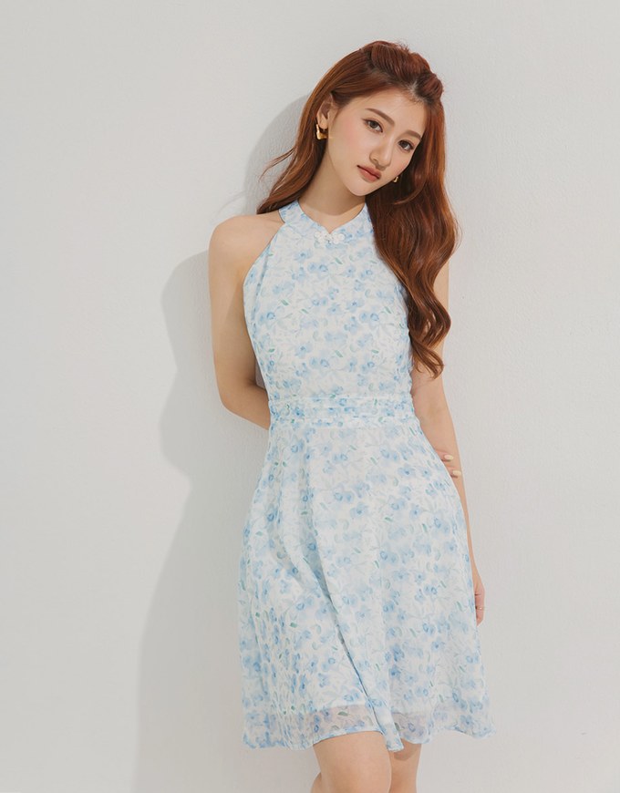 Qipao DRESS Halter Neck Printed Floral Chiffon Modern Cheongsam Qipao Dress ( Elastic Waistline)