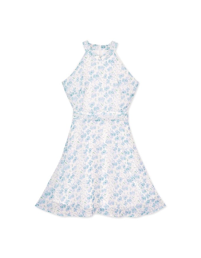 Qipao DRESS Halter Neck Printed Floral Chiffon Modern Cheongsam Qipao Dress ( Elastic Waistline)