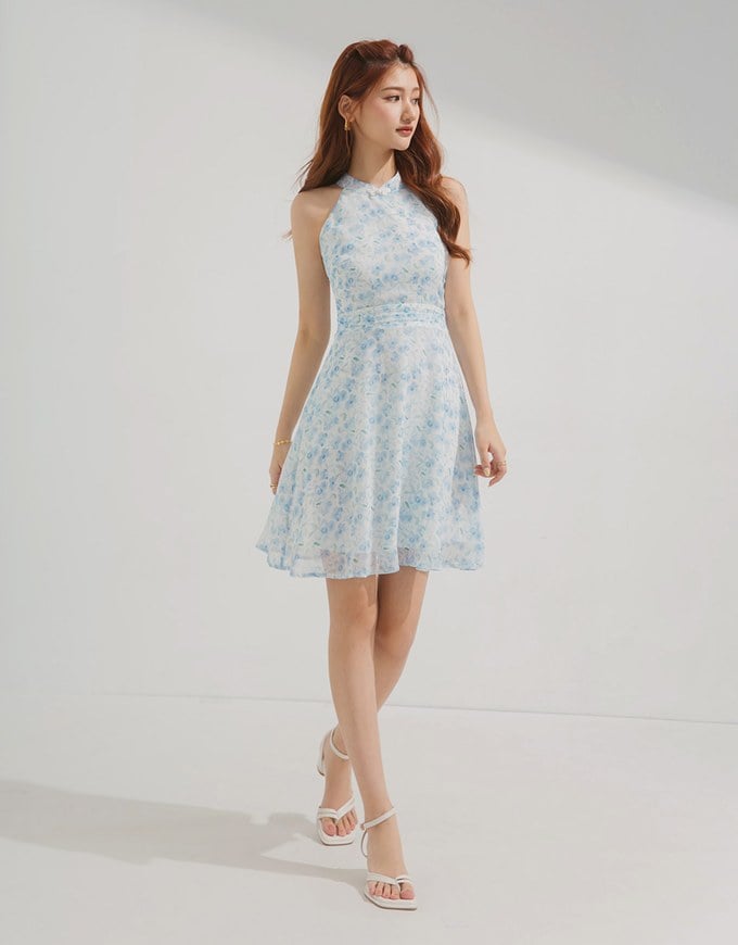 Qipao DRESS Halter Neck Printed Floral Chiffon Modern Cheongsam Qipao Dress ( Elastic Waistline)