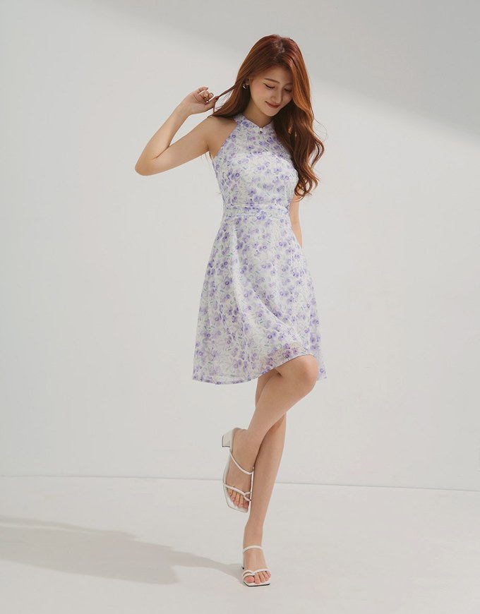 Qipao DRESS Halter Neck Printed Floral Chiffon Modern Cheongsam Qipao Dress ( Elastic Waistline)