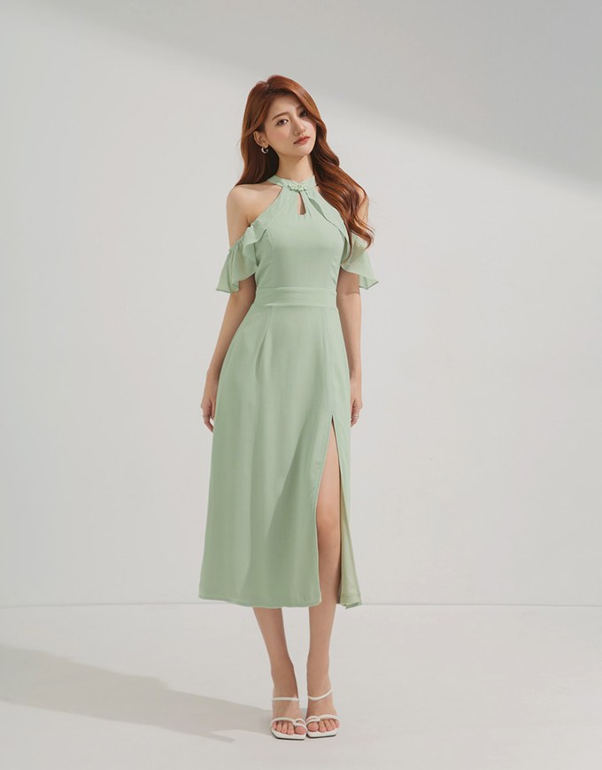 Qipao DRESS Cheongsam Collar Off Shoulder Slit Midi Dress