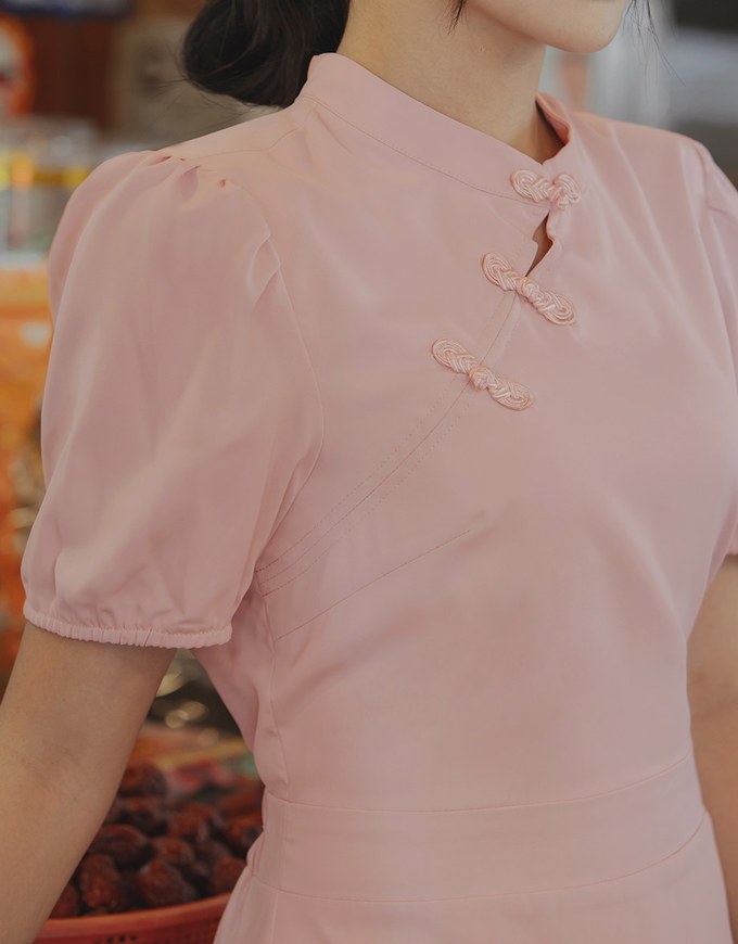 【Elecher's Design】Qipao DRESS Satin Chinese Button Puffy Sleeve Short Cheongsam