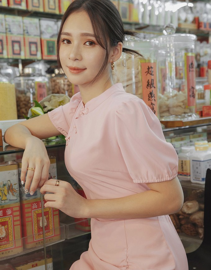 【Elecher's Design】Qipao DRESS Satin Chinese Button Puffy Sleeve Short Cheongsam