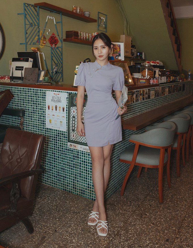 【Elecher's Design】Qipao DRESS Satin Chinese Button Puffy Sleeve Short Cheongsam