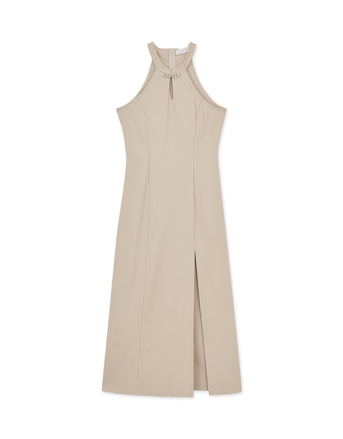 【Elecher's Design】Qipao DRESS Halter Cheongsam Maxi Dress with Slit and Bra Padded (with padding)
