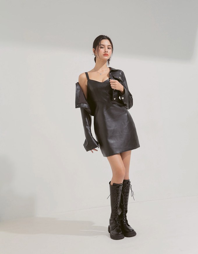 Matte Faux Leather Mini Dress(With Padding)