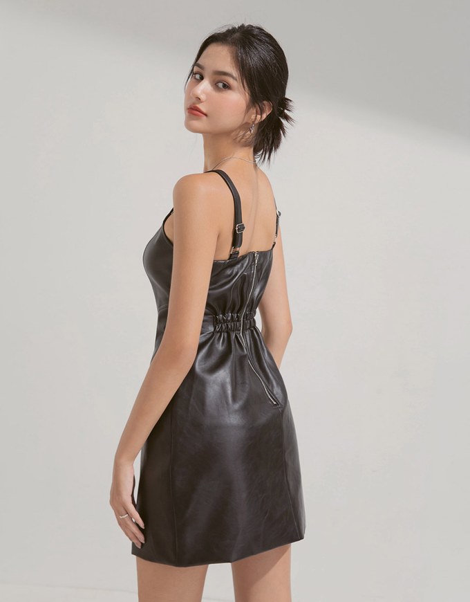 Matte Faux Leather Mini Dress(With Padding)